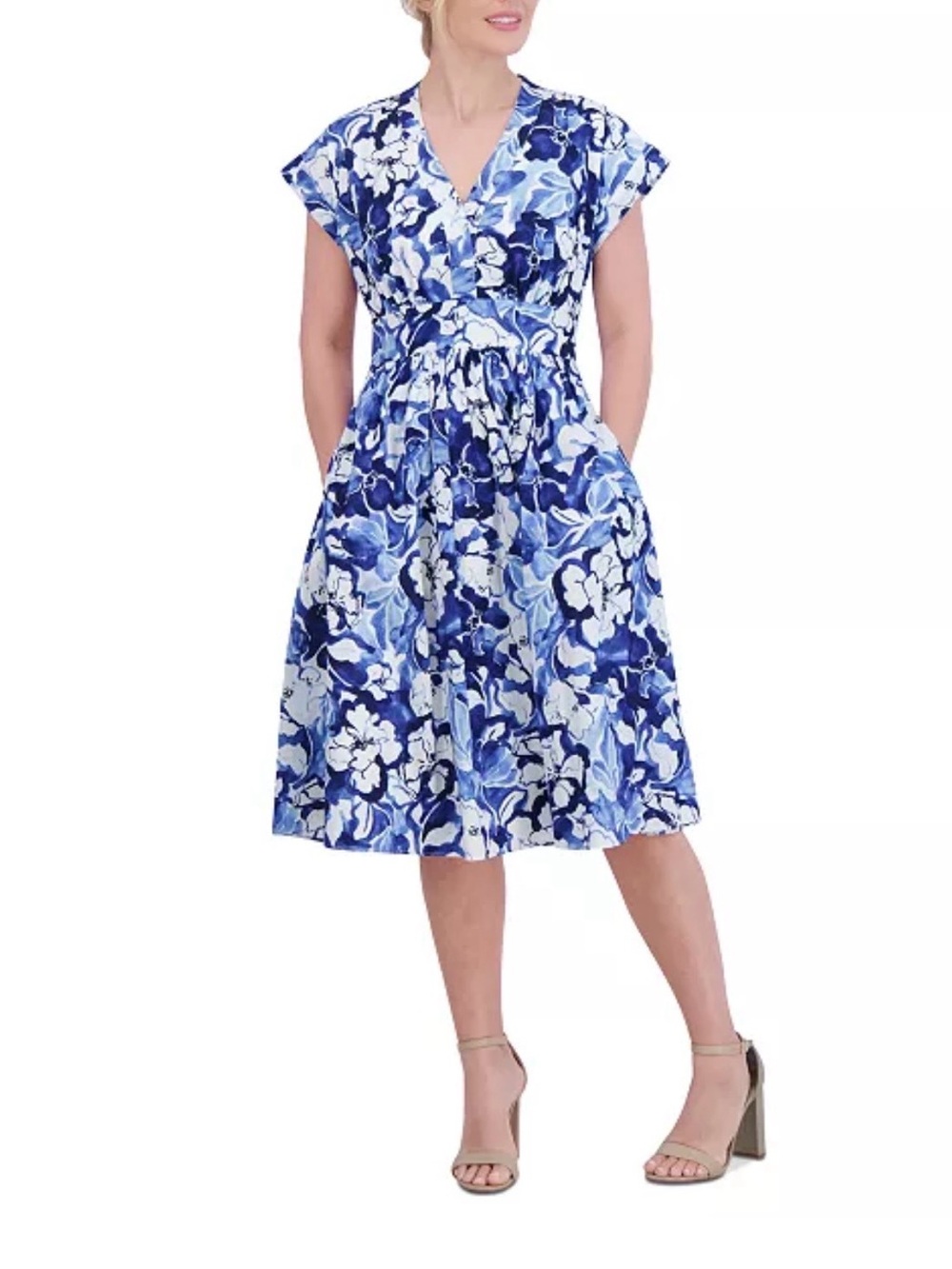 Jessica Howard Blue and White Floral Fit and Flare Dress Cotton dress